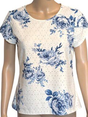 Lucy & Laurel Off White Blue Floral Eyelet Top M Cottagecore Boho